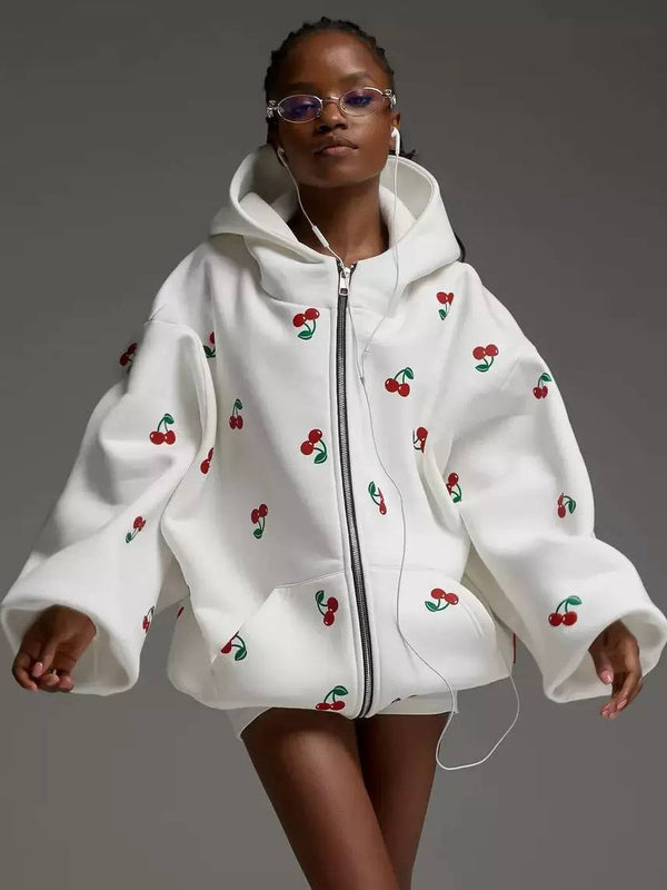 Cherry Oversized Zip Up Cotton Hoodie - Kangaroo pockets