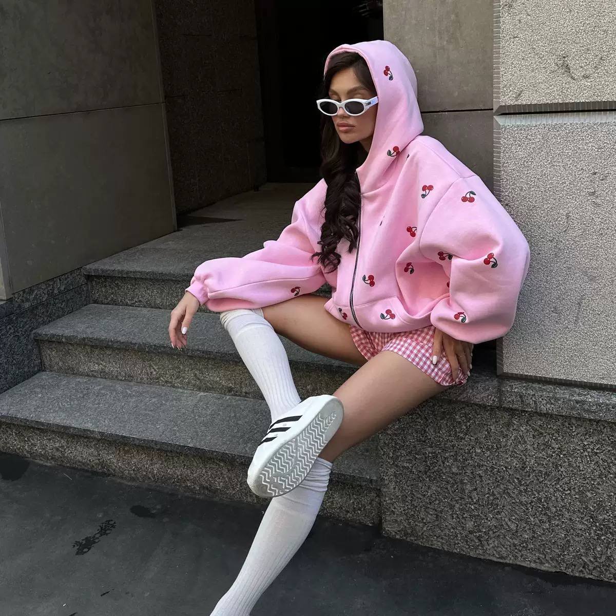 Cherry Oversized Zip Up Cotton Hoodie - Kangaroo pockets