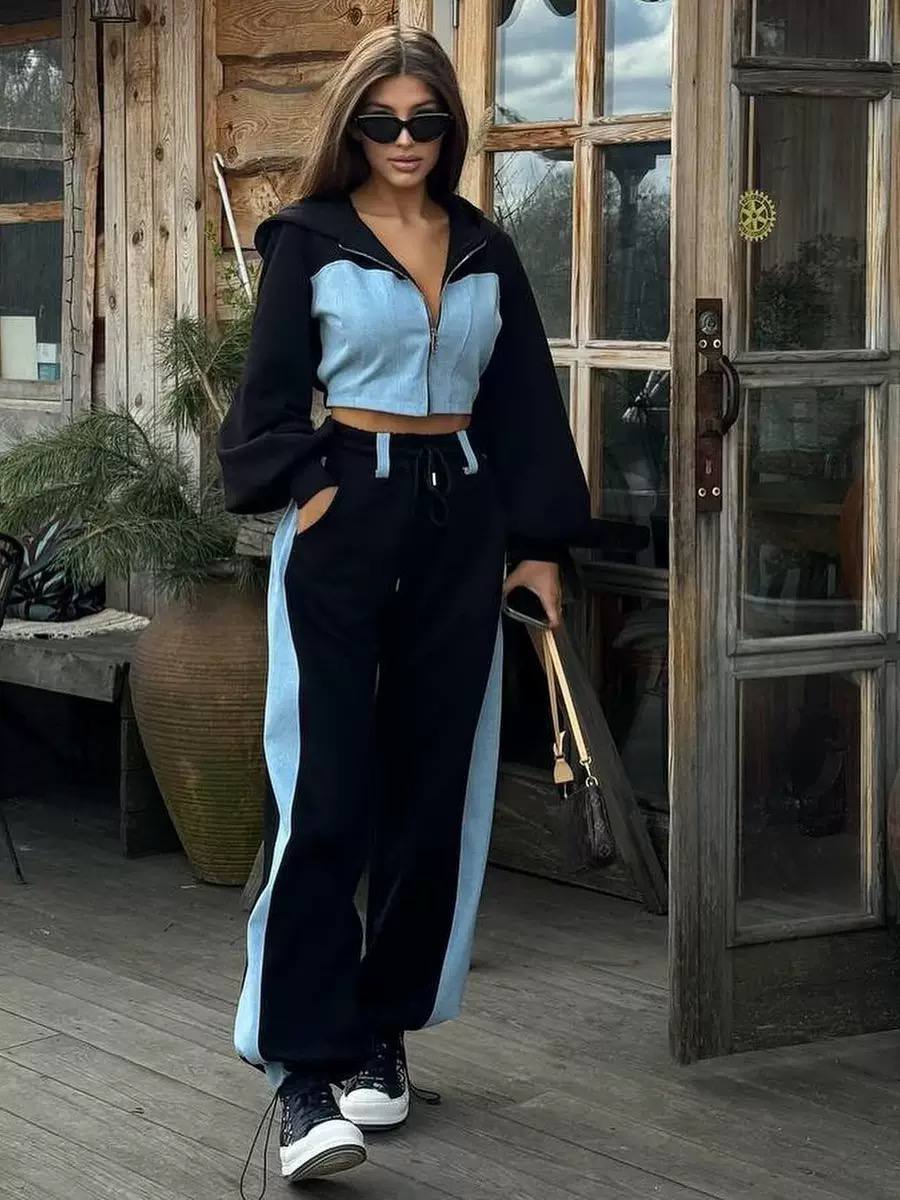 Cropped Zip-Up Hoodie & Wide-Leg Track Pants Set