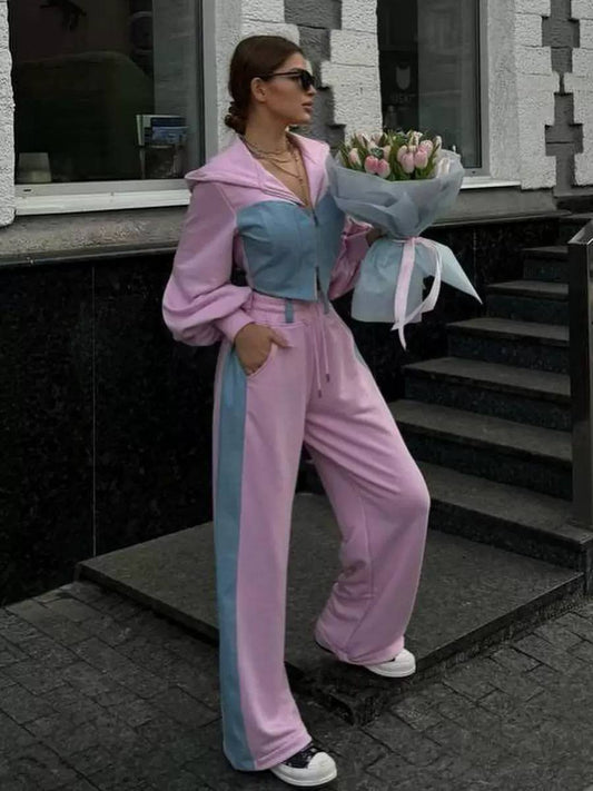 Cropped Zip-Up Hoodie & Wide-Leg Track Pants Set