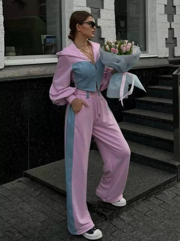 Cropped Zip-Up Hoodie & Wide-Leg Track Pants Set