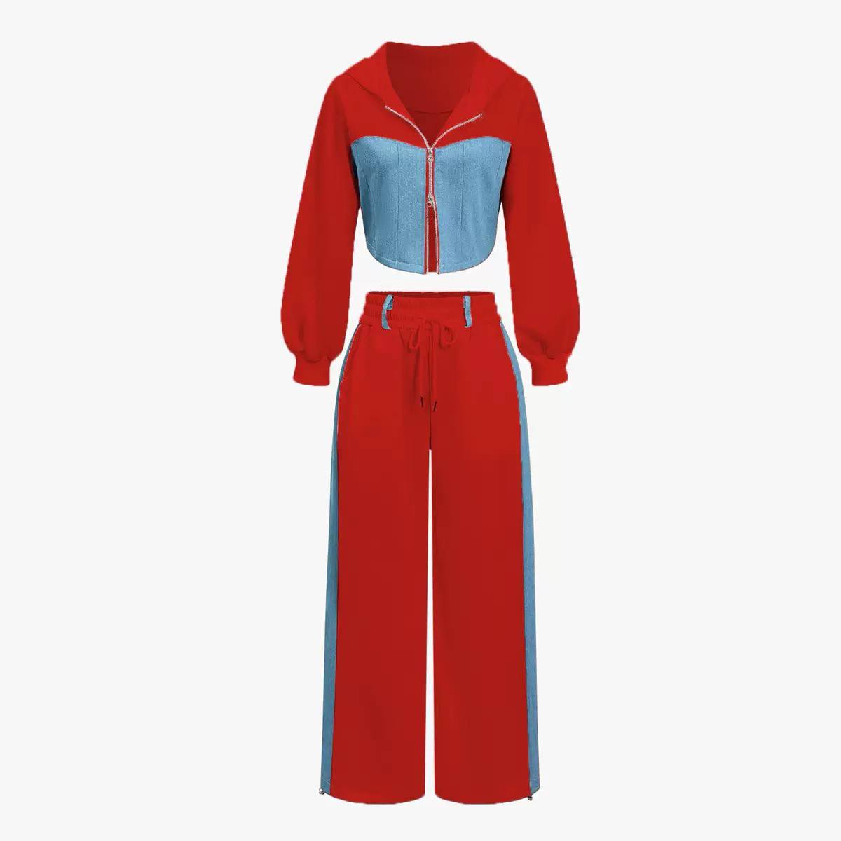 Cropped Zip-Up Hoodie & Wide-Leg Track Pants Set