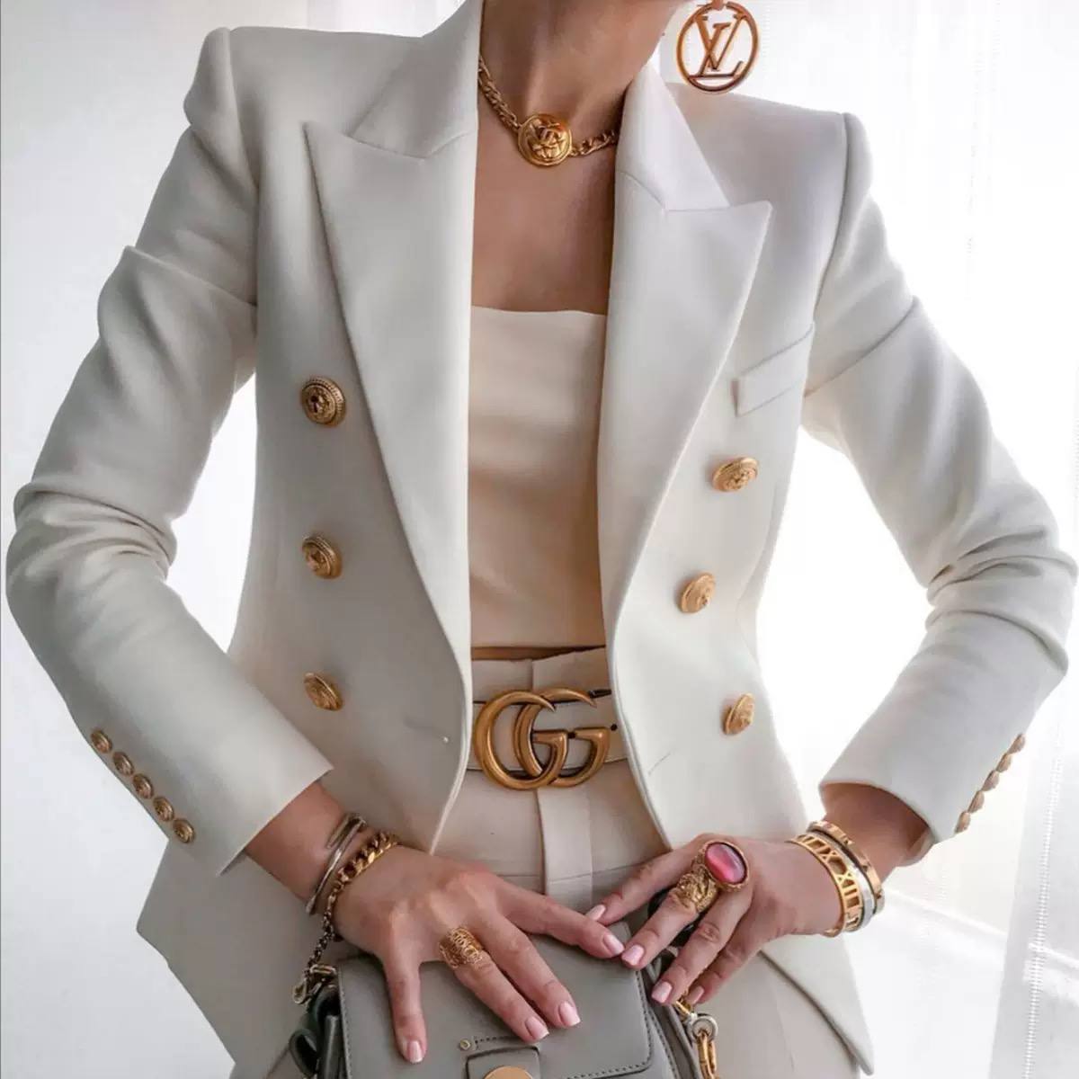 Double Breasted Tailored Cotton Blazer - elegant gold buttons