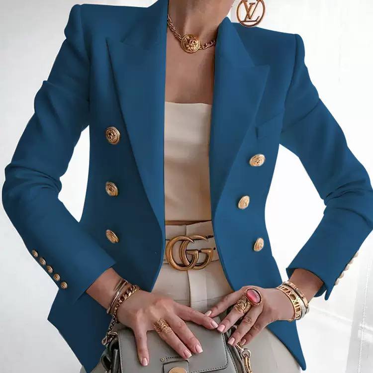 Double Breasted Tailored Cotton Blazer - elegant gold buttons