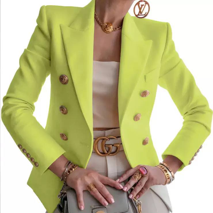 Double Breasted Tailored Cotton Blazer - elegant gold buttons