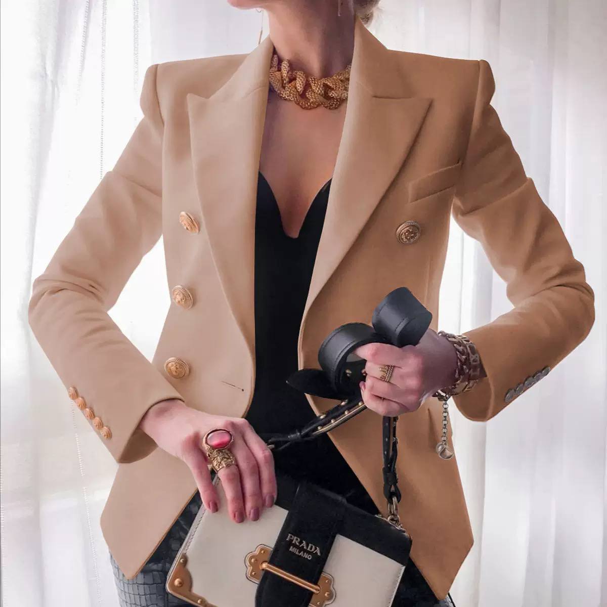 Double Breasted Tailored Cotton Blazer - elegant gold buttons