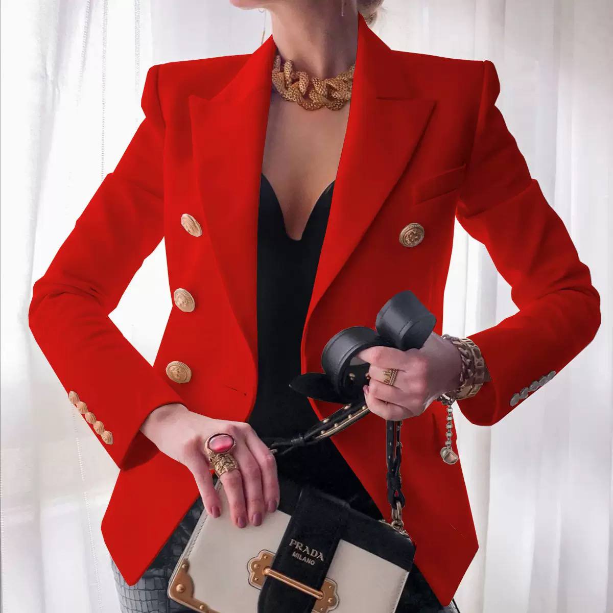Double Breasted Tailored Cotton Blazer - elegant gold buttons