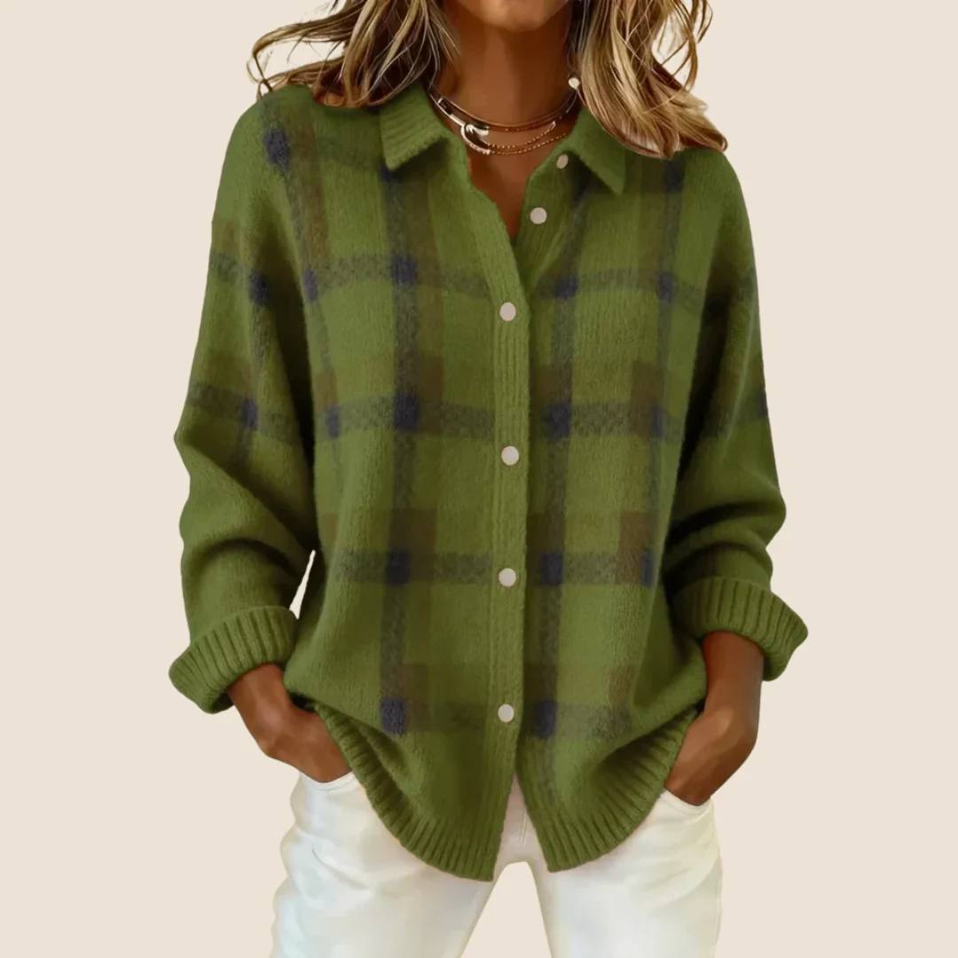 Cotton Knit Cardigan - Classic plaid check pattern