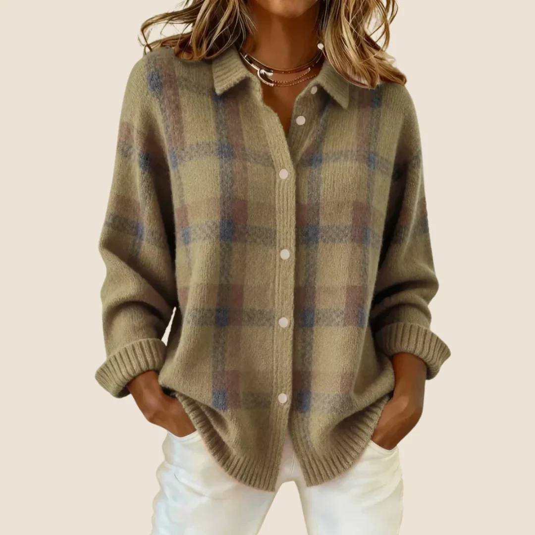 Cotton Knit Cardigan - Classic plaid check pattern