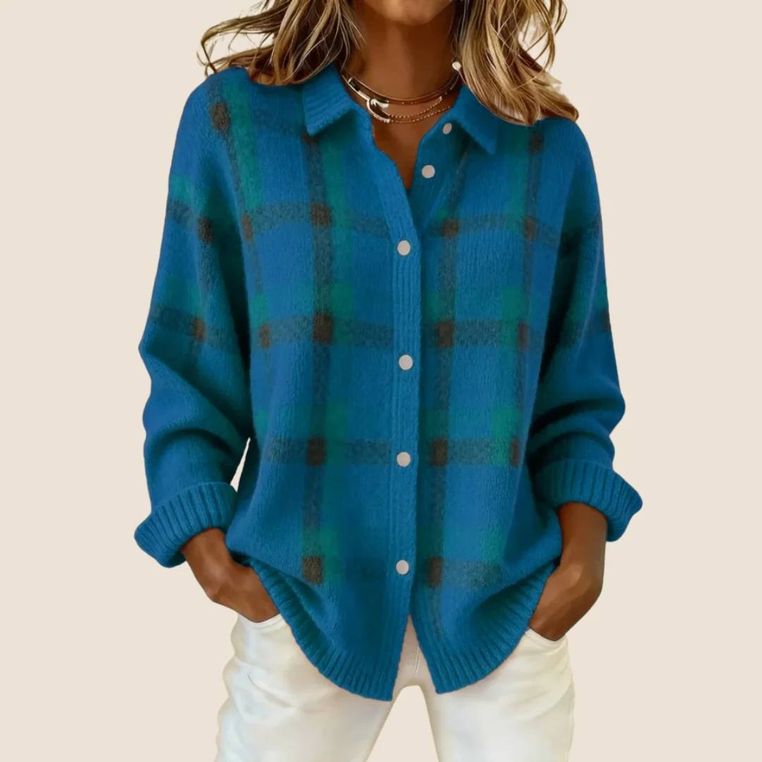 Cotton Knit Cardigan - Classic plaid check pattern
