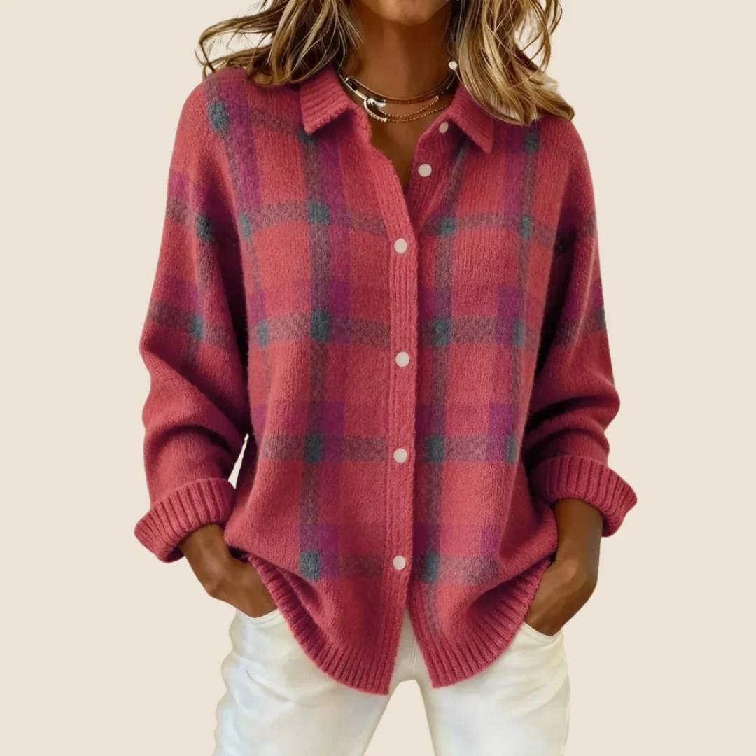 Cotton Knit Cardigan - Classic plaid check pattern