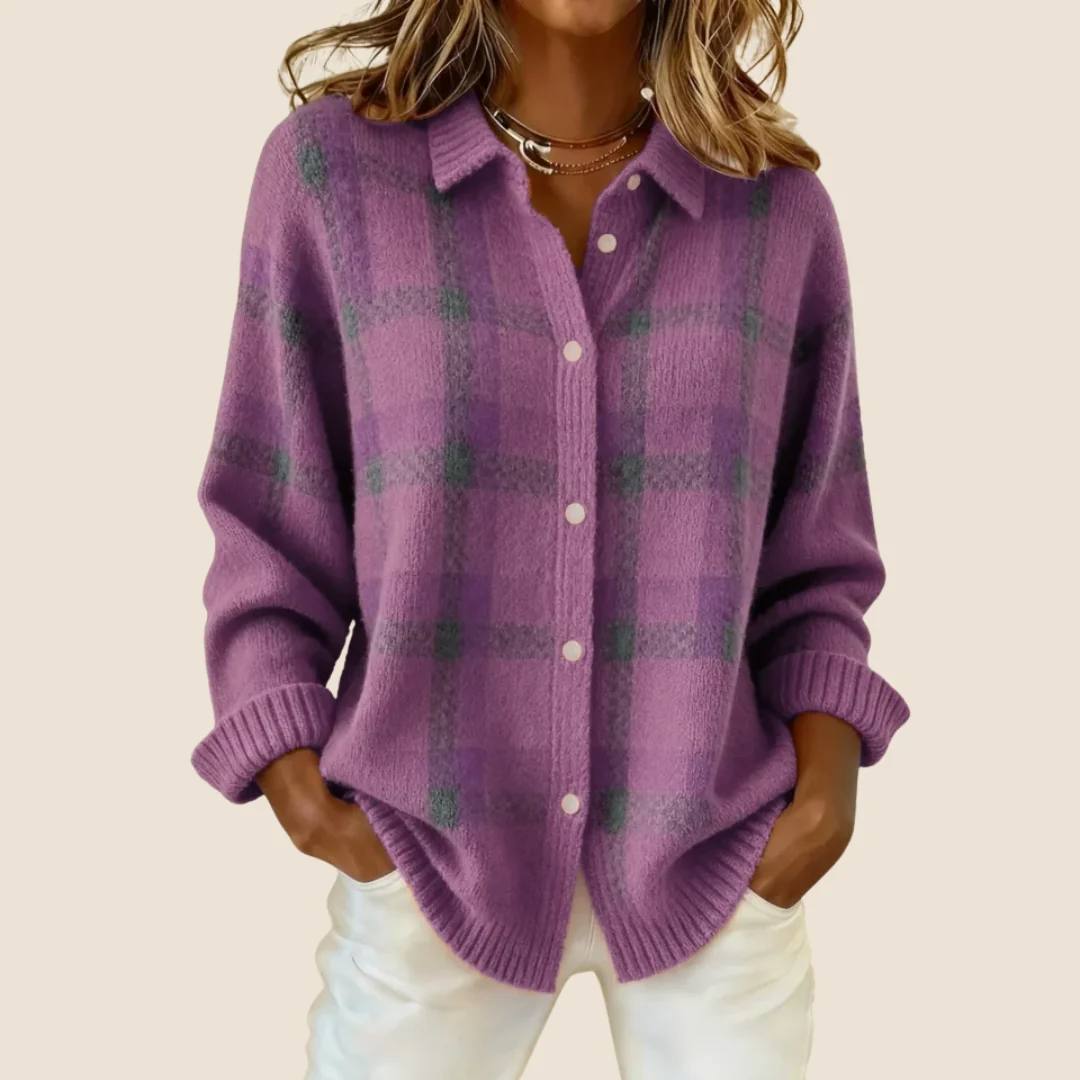 Cotton Knit Cardigan - Classic plaid check pattern