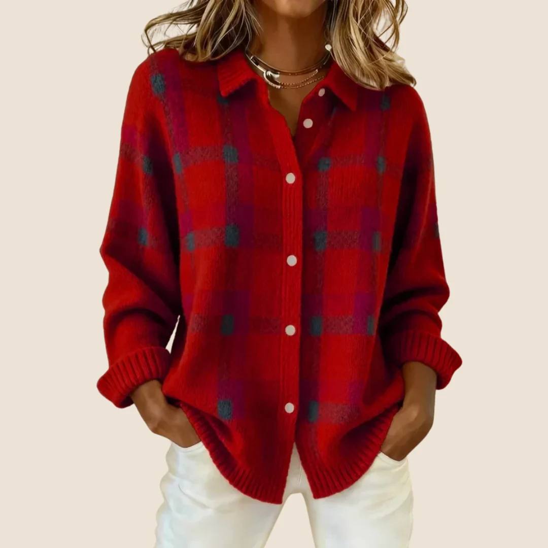 Cotton Knit Cardigan - Classic plaid check pattern