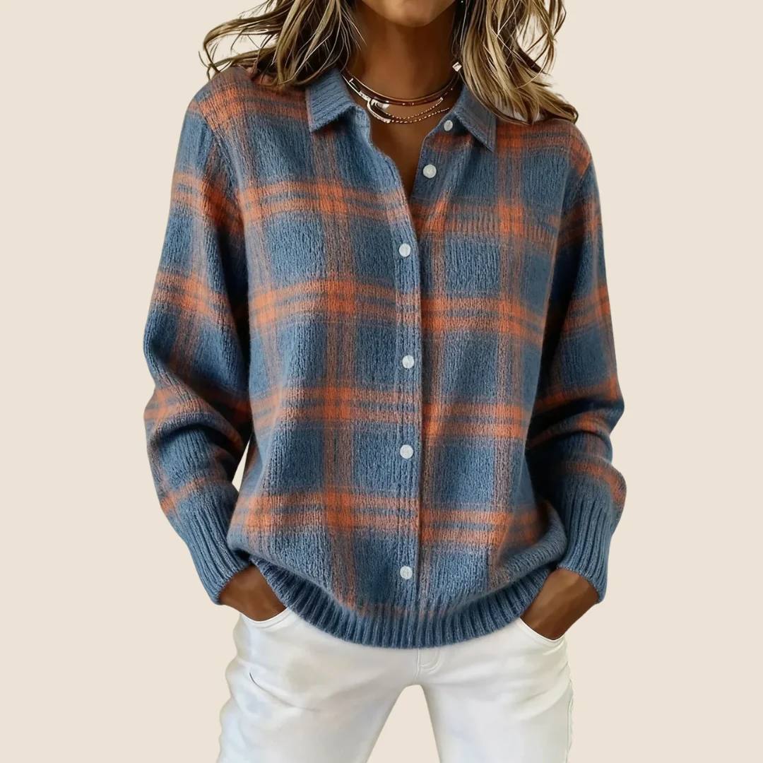 Cotton Knit Cardigan - Classic plaid check pattern