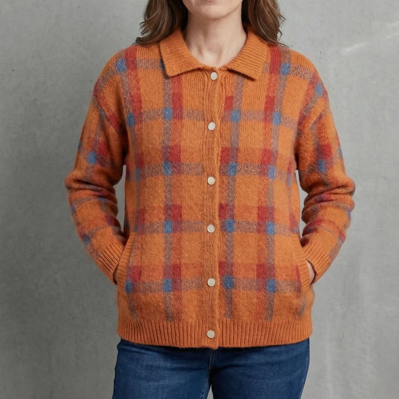 Cotton Knit Cardigan - Classic plaid check pattern