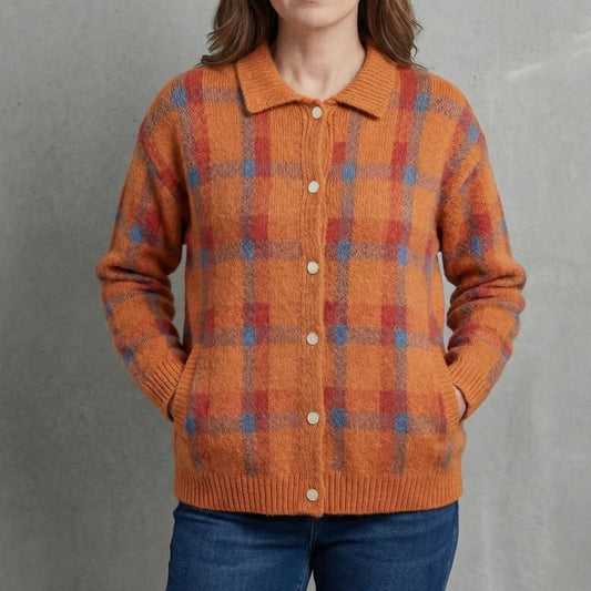 Cotton Knit Cardigan - Classic plaid check pattern