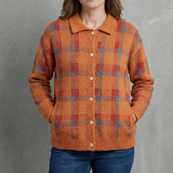 Cotton Knit Cardigan - Classic plaid check pattern