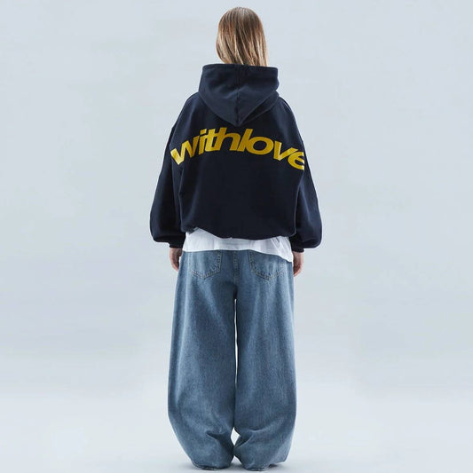 Oversized Graphic Print Hoodie - kangaroo pocket