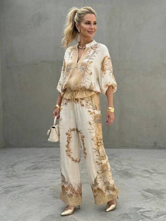 Floral Zip Front Two Piece Set - Comfortable flowing fit