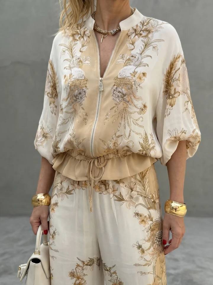 Floral Zip Front Two Piece Set - Comfortable flowing fit