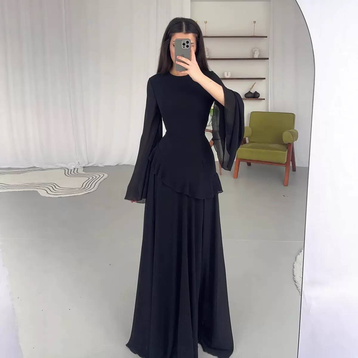 Chiffon Ruffle Tie Back Maxi Dress - Flared Sleeves