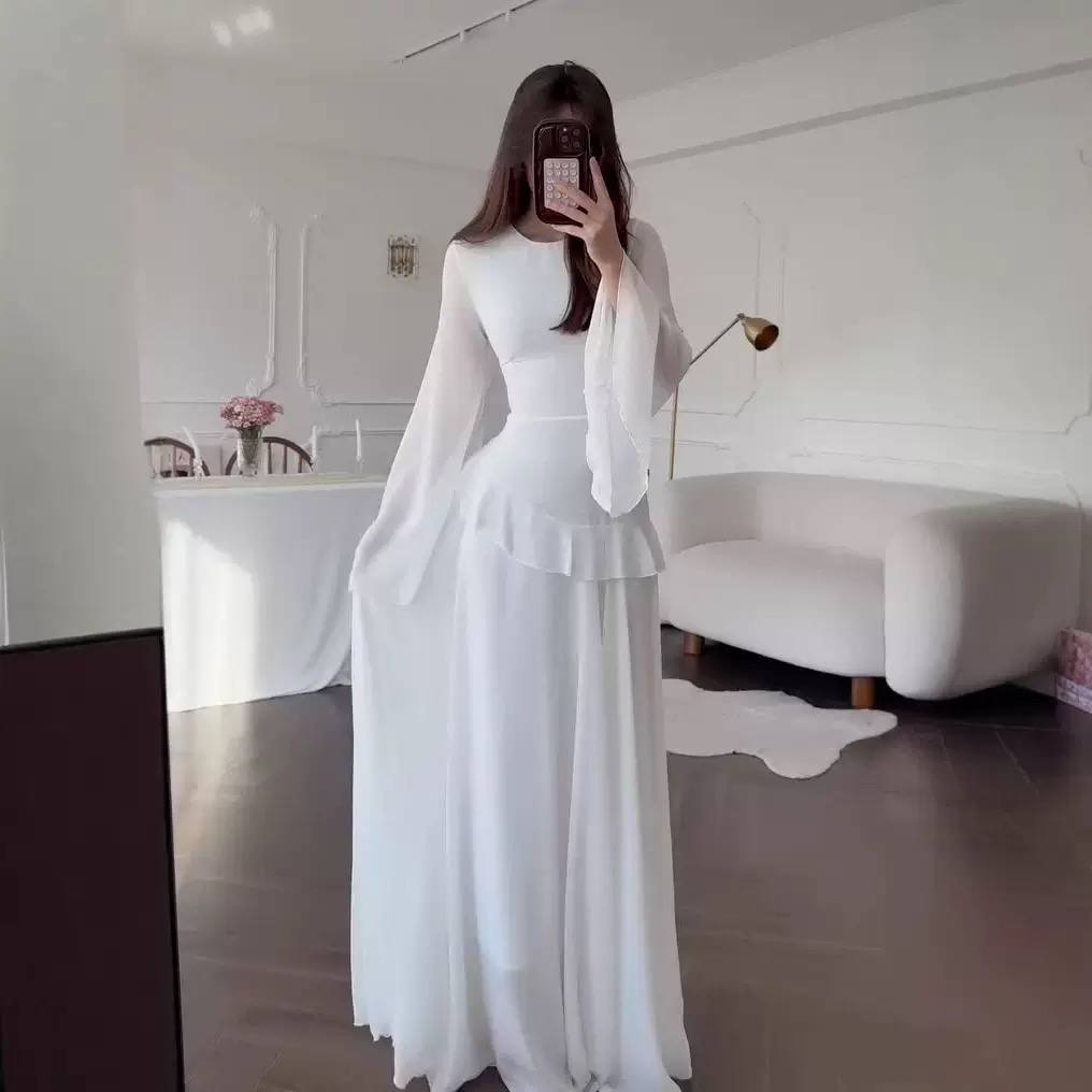 Chiffon Ruffle Tie Back Maxi Dress - Flared Sleeves