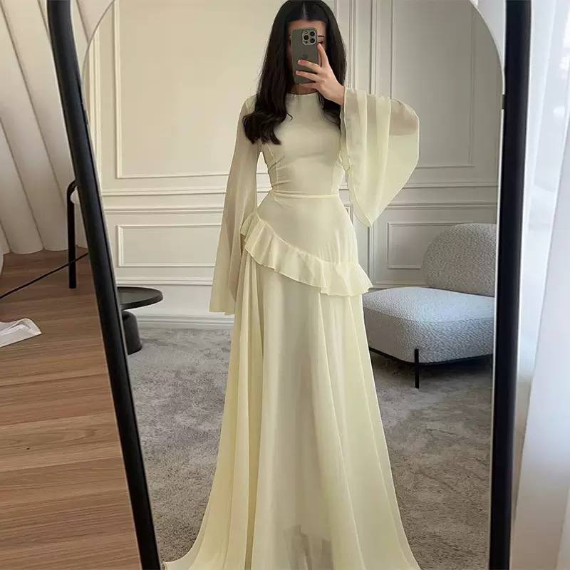 Chiffon Ruffle Tie Back Maxi Dress - Flared Sleeves