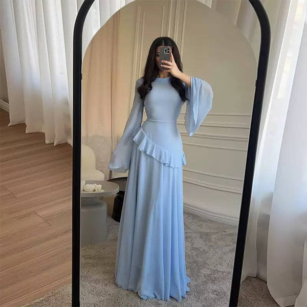 Chiffon Ruffle Tie Back Maxi Dress - Flared Sleeves