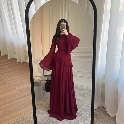 Chiffon Ruffle Tie Back Maxi Dress - Flared Sleeves