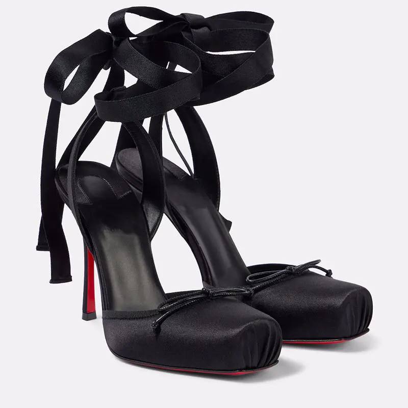 Satin Ribbon Lace-Up High-Heel Pumps
