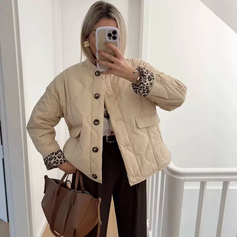 Quilted Button-Up Jacket with Front Pockets - Leopard Cuff Jacket