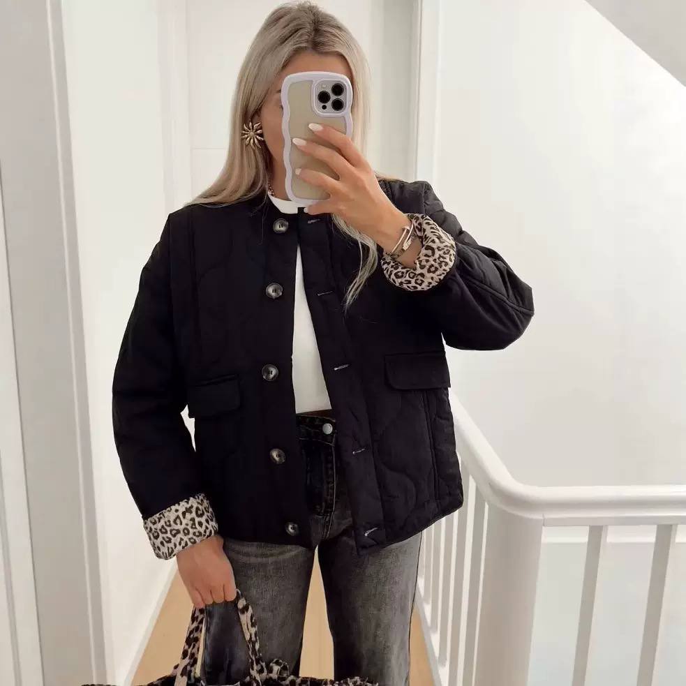 Quilted Button-Up Jacket with Front Pockets - Leopard Cuff Jacket
