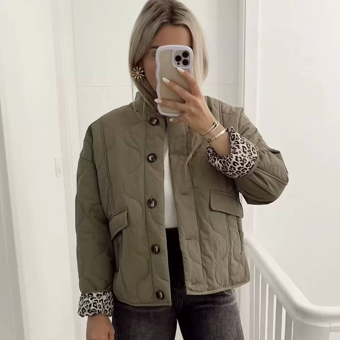 Quilted Button-Up Jacket with Front Pockets - Leopard Cuff Jacket