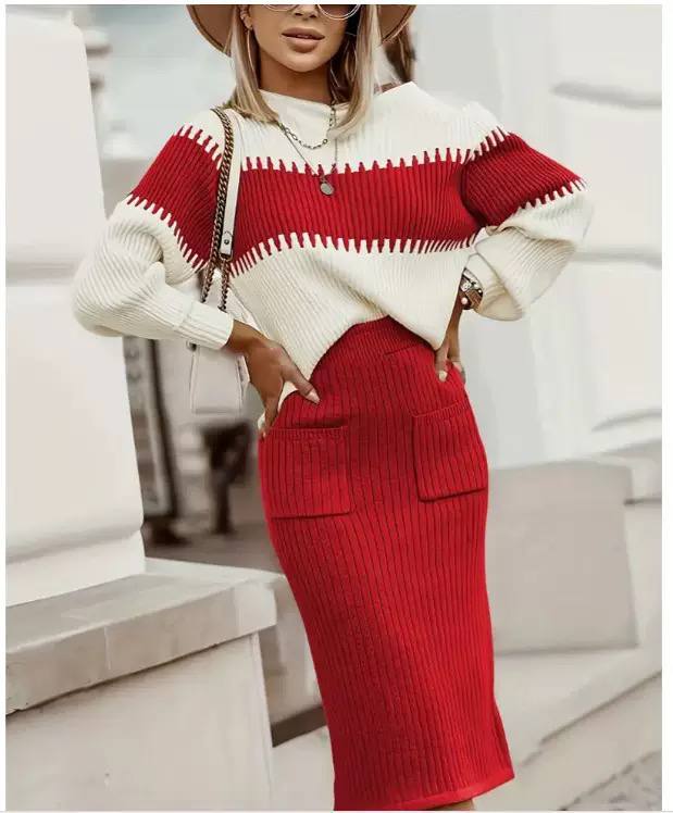 Color Block Rib Knit Two-Piece Set – Striped Sweater & Ribbed Midi Skirt