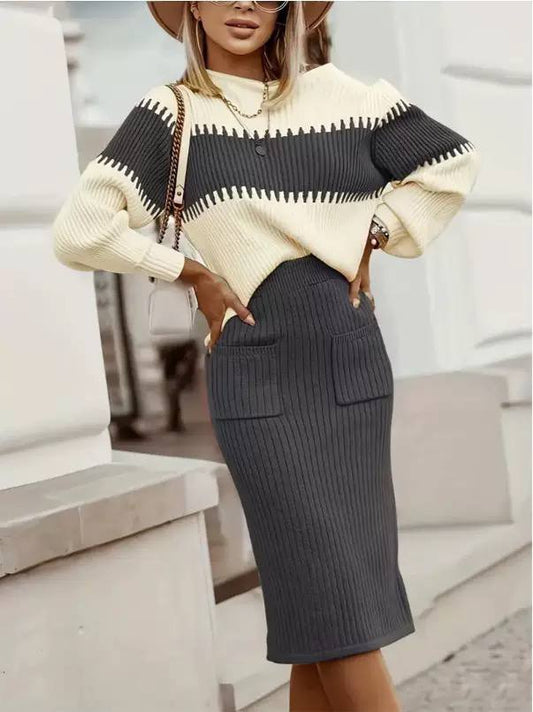 Color Block Rib Knit Two-Piece Set – Striped Sweater & Ribbed Midi Skirt
