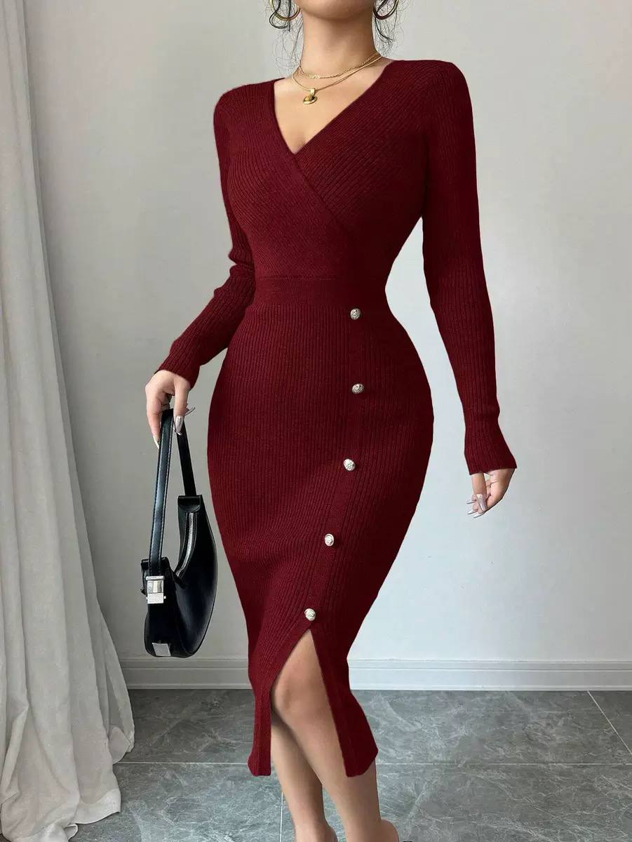 Rib Knit Midi Dress with Button-Down Detail and Side Slit