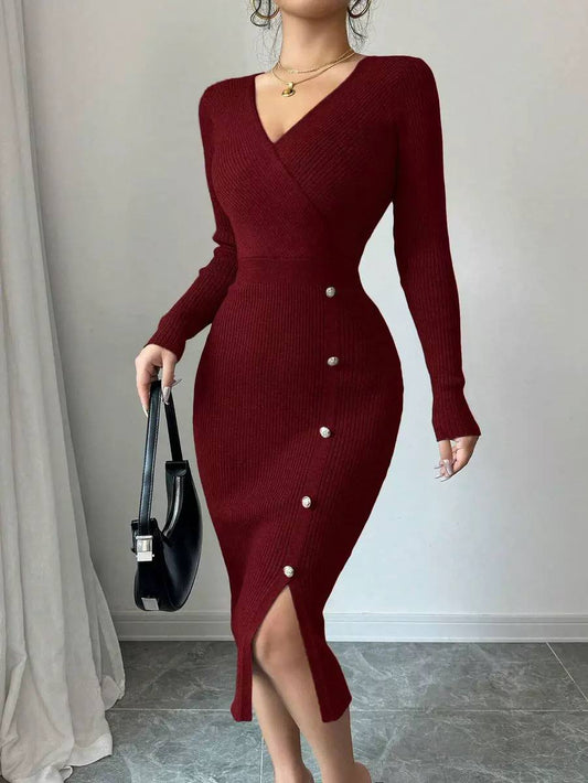 Rib Knit Midi Dress with Button-Down Detail and Side Slit