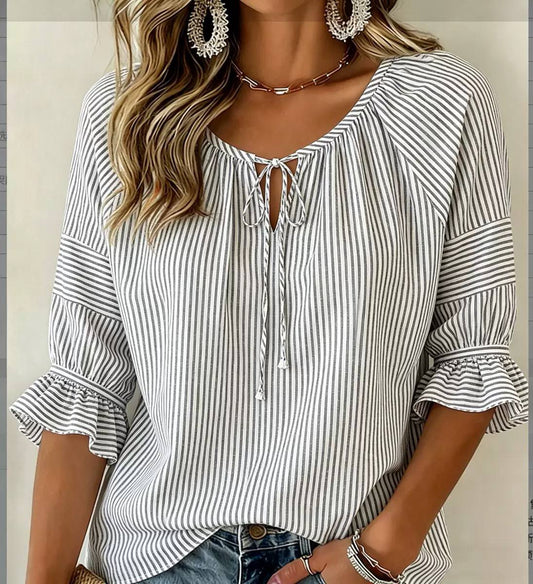 Striped Tie Neck Ruffle Sleeve Loose Fit Blouse - Bell Sleeves and Ruffle Cuffs