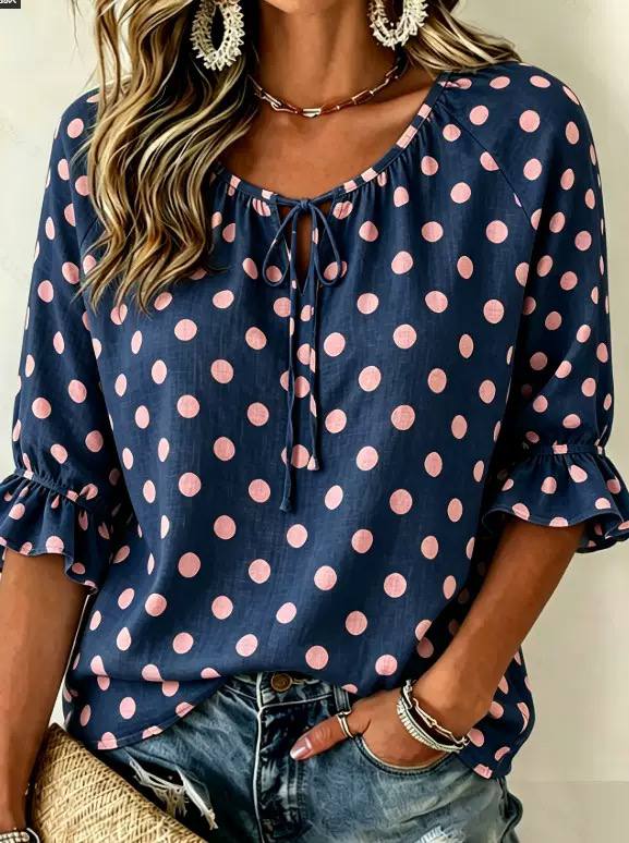 Polka Dot Scoop Neck Tie-Front Blouse - Ruffle Cuffs
