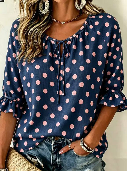 Polka Dot Scoop Neck Tie-Front Blouse - Ruffle Cuffs