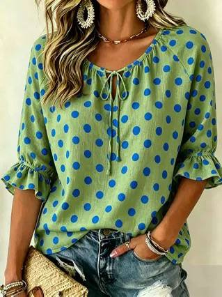 Polka Dot Scoop Neck Tie-Front Blouse - Ruffle Cuffs