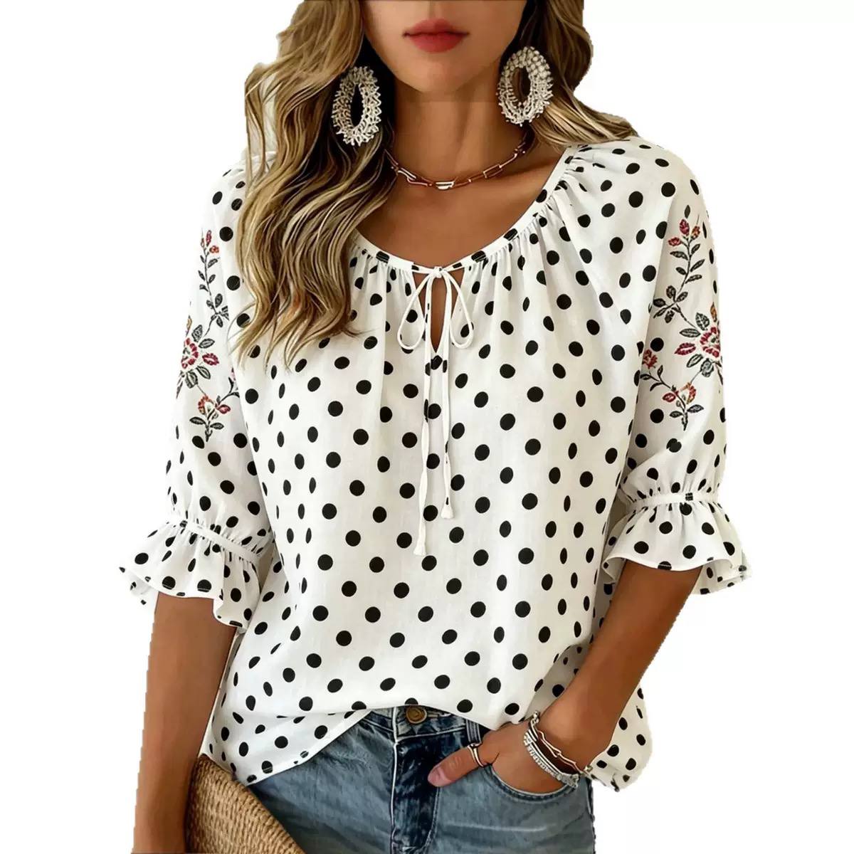 Polka Dot Scoop Neck Tie-Front Blouse - Ruffle Cuffs