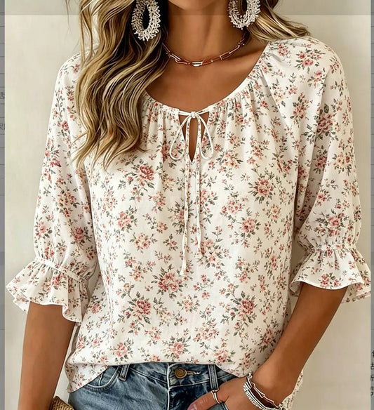 Floral Tie Neck Ruffle Sleeve Blouse - Relaxed fit