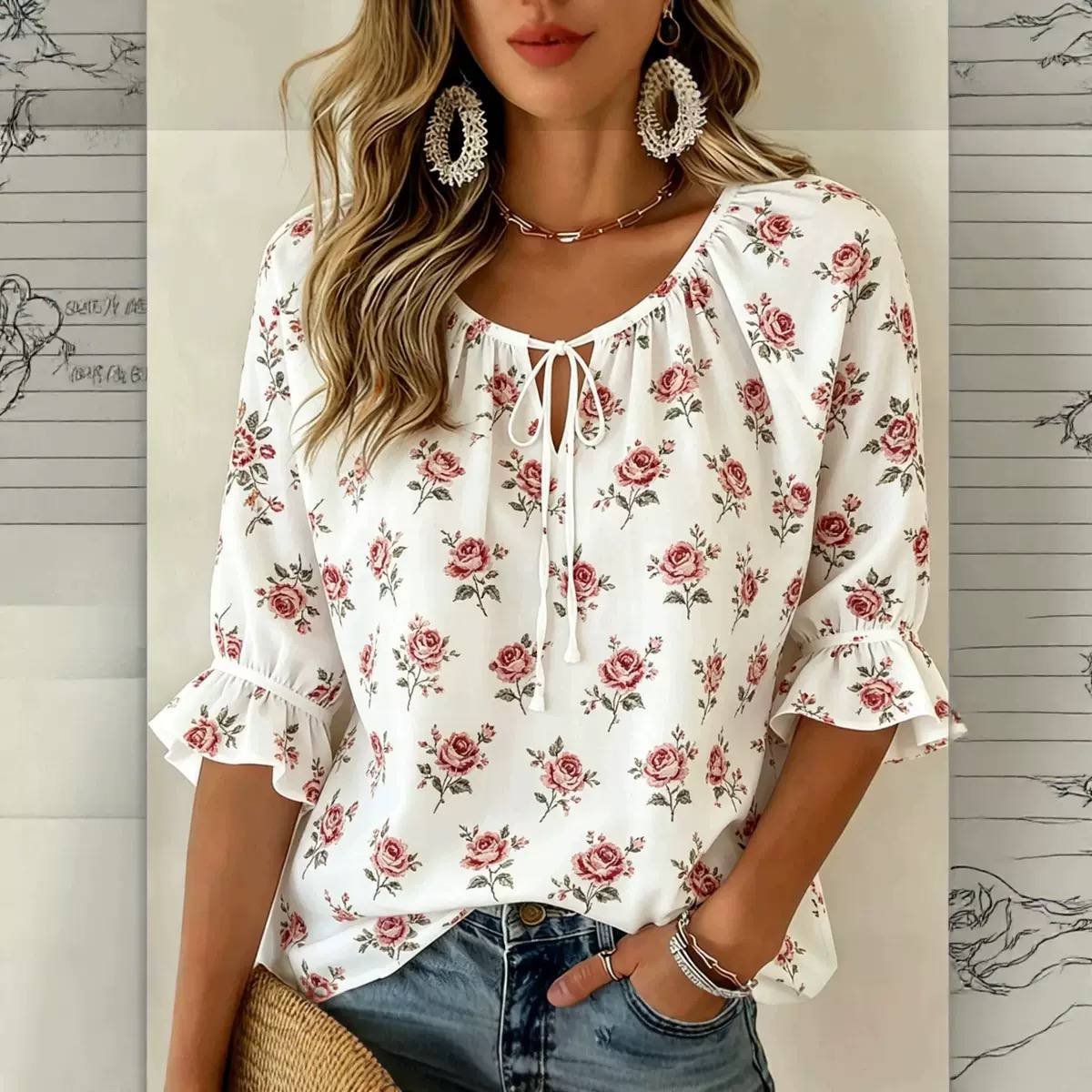Floral Tie Neck Ruffle Sleeve Blouse - Relaxed fit