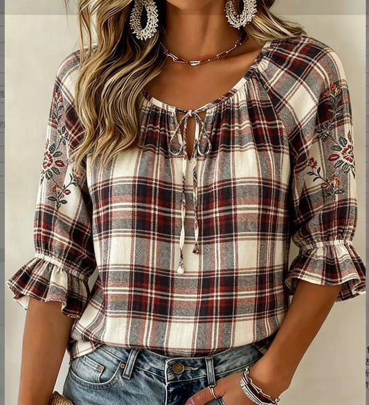 Tie Neck Ruffle Sleeve Blouse