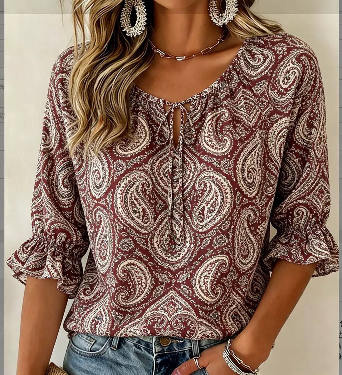 Tie Neck Ruffle Sleeve Blouse