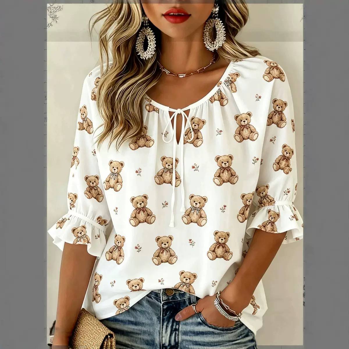 Tie Neck Ruffle Sleeve Blouse