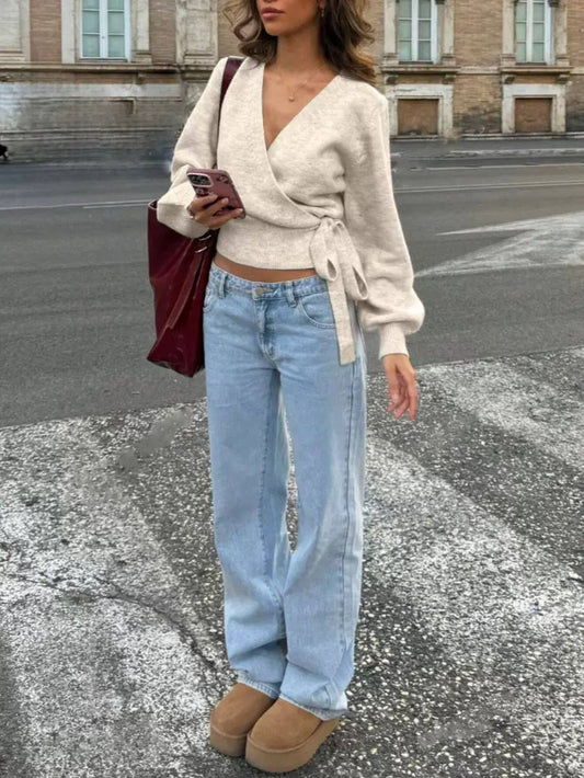 Ribbed V-Neck Wrap Front Long Sleeve Knit Top - Side Tie Waist Detail