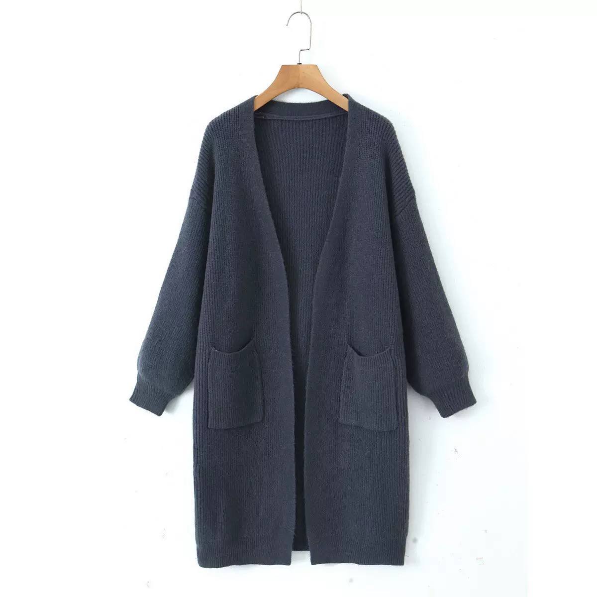 Open Front Long Knit Cardigan - Long Sleeves & Front Pockets
