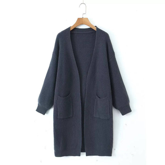 Open Front Long Knit Cardigan - Long Sleeves & Front Pockets